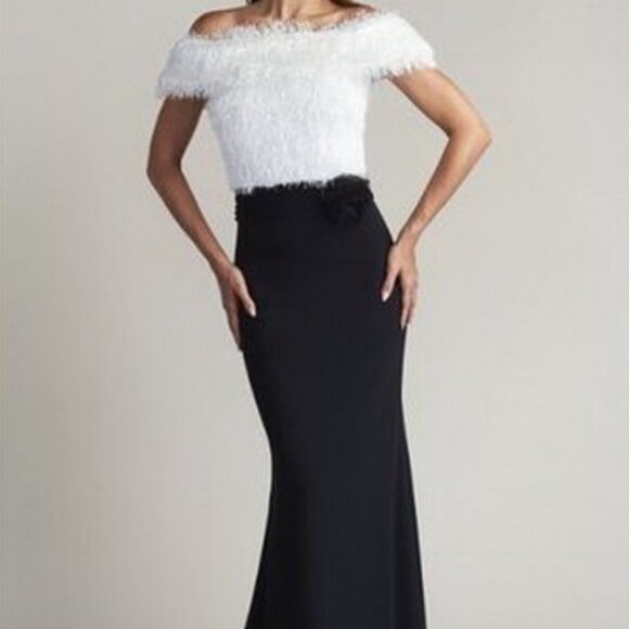 Tadashi Shoji Black Ivory Jana Eyelash Yarn And Crepe Gown - Picture 1 of 4